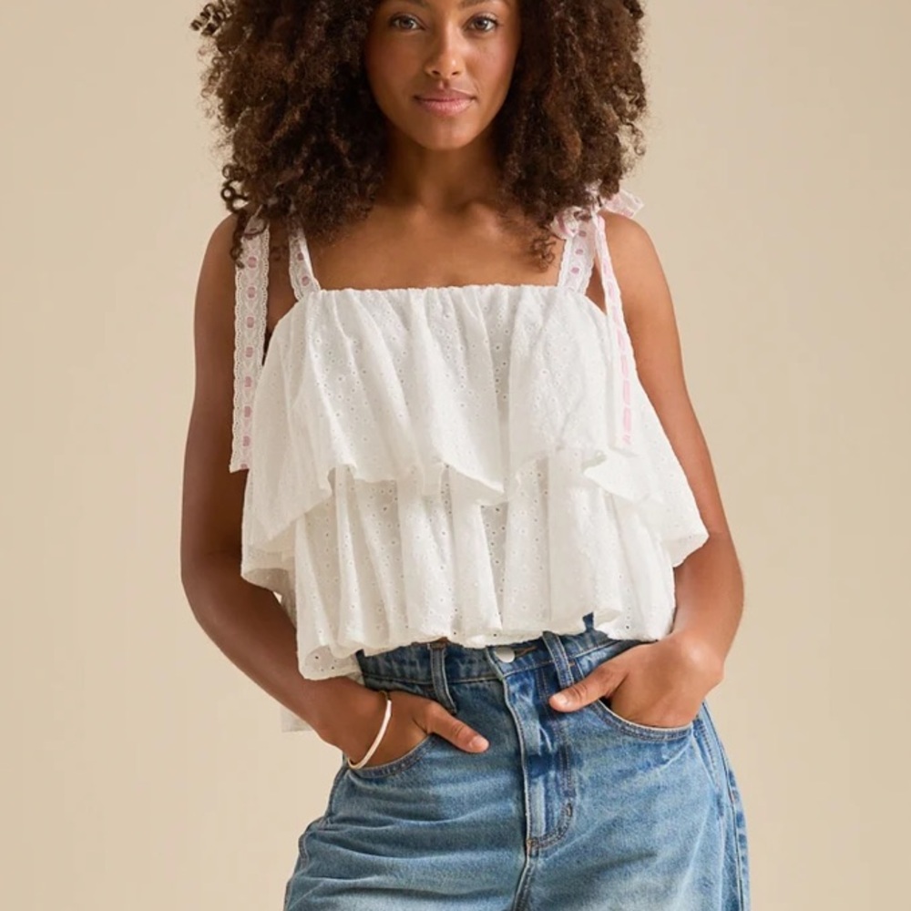 NWOT White Embroidered Ruffle Tank Top